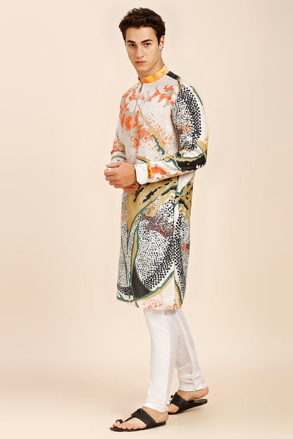 Floral Print Regular fit Chinese Collar Kurta for Men  - Cream