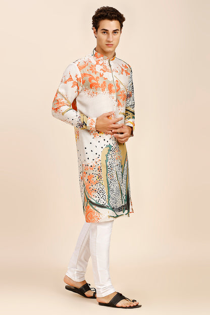 Floral Print Regular fit Chinese Collar Kurta for Men  - Cream