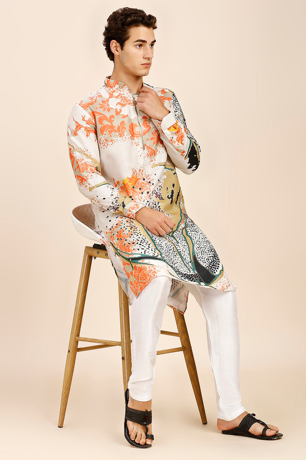 Floral Print Regular fit Chinese Collar Kurta for Men  - Cream