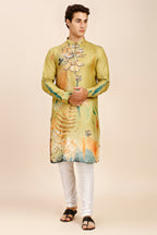 Abstract Floral Print Regular fit Chinese collar Kurta for Men - Mustard
