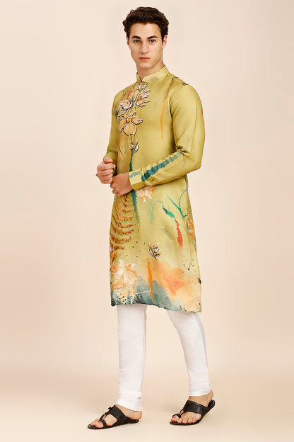 Abstract Floral Print Regular fit Chinese collar Kurta for Men - Mustard