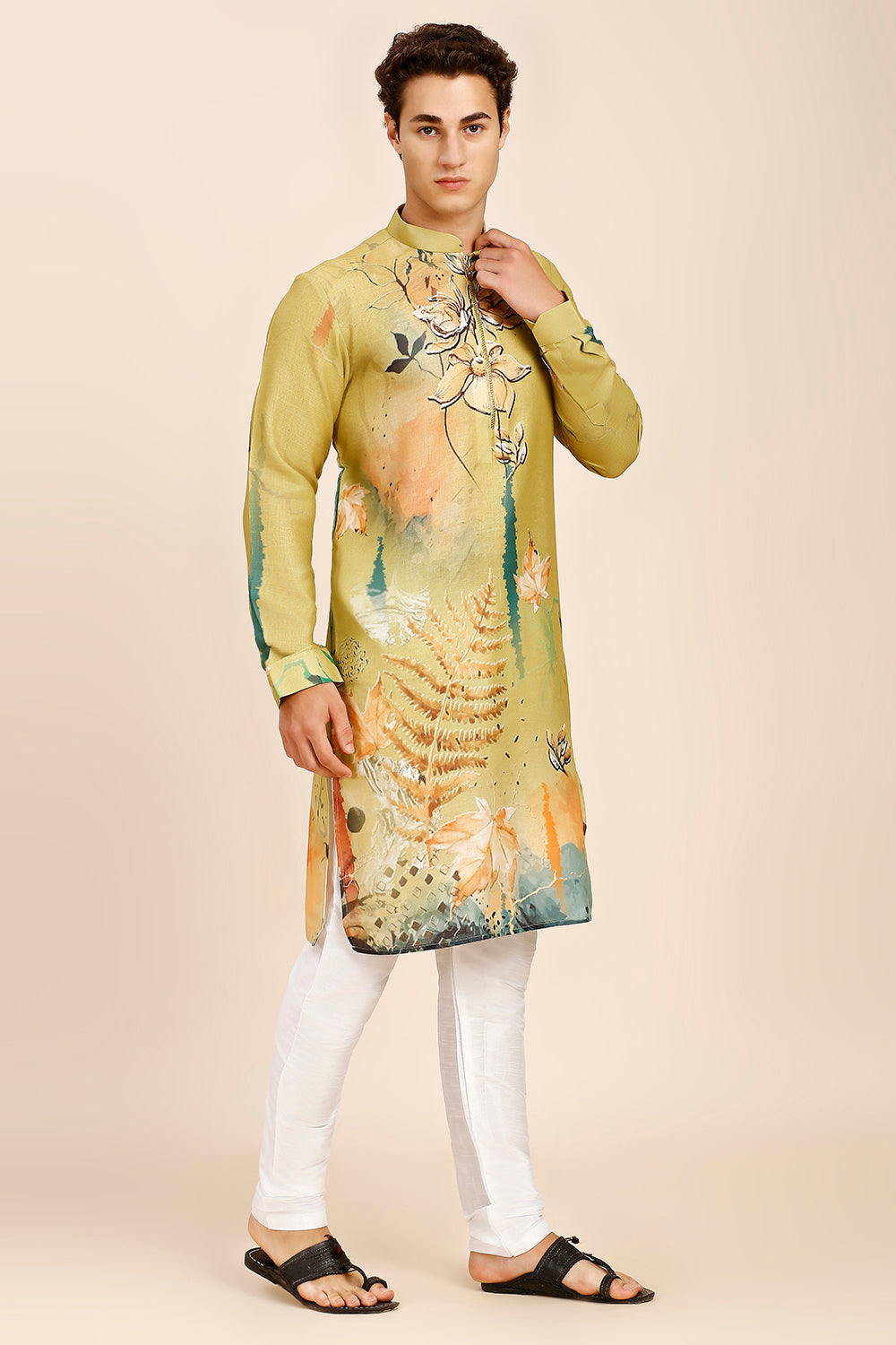 Abstract Floral Print Regular fit Chinese collar Kurta for Men - Mustard