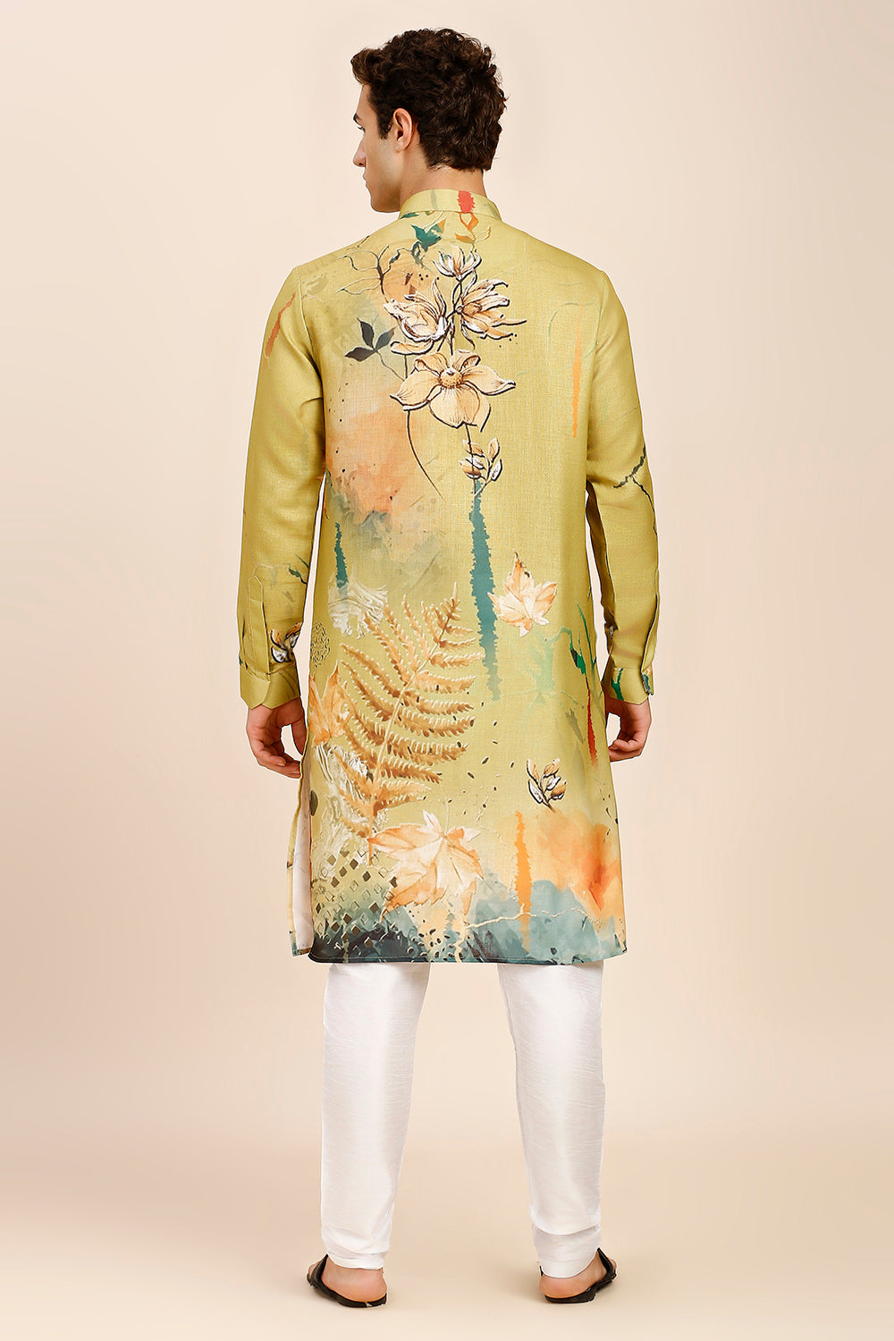 Abstract Floral Print Regular fit Chinese collar Kurta for Men - Mustard