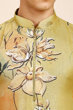 Abstract Floral Print Regular fit Chinese collar Kurta for Men - Mustard