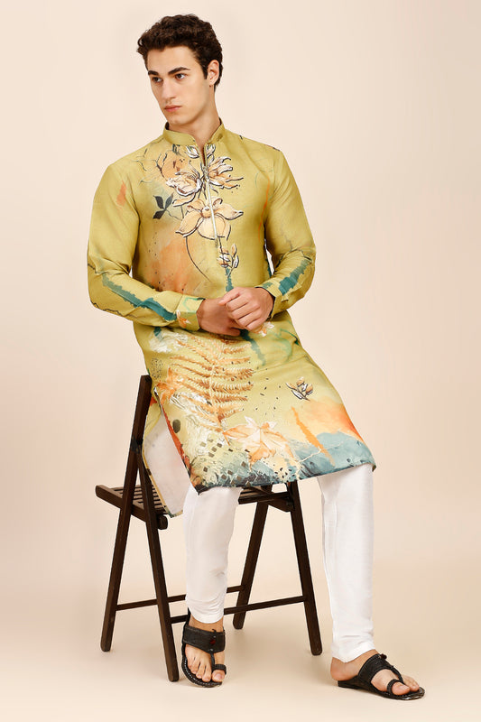 Abstract Floral Print Regular fit Chinese collar Kurta for Men - Mustard