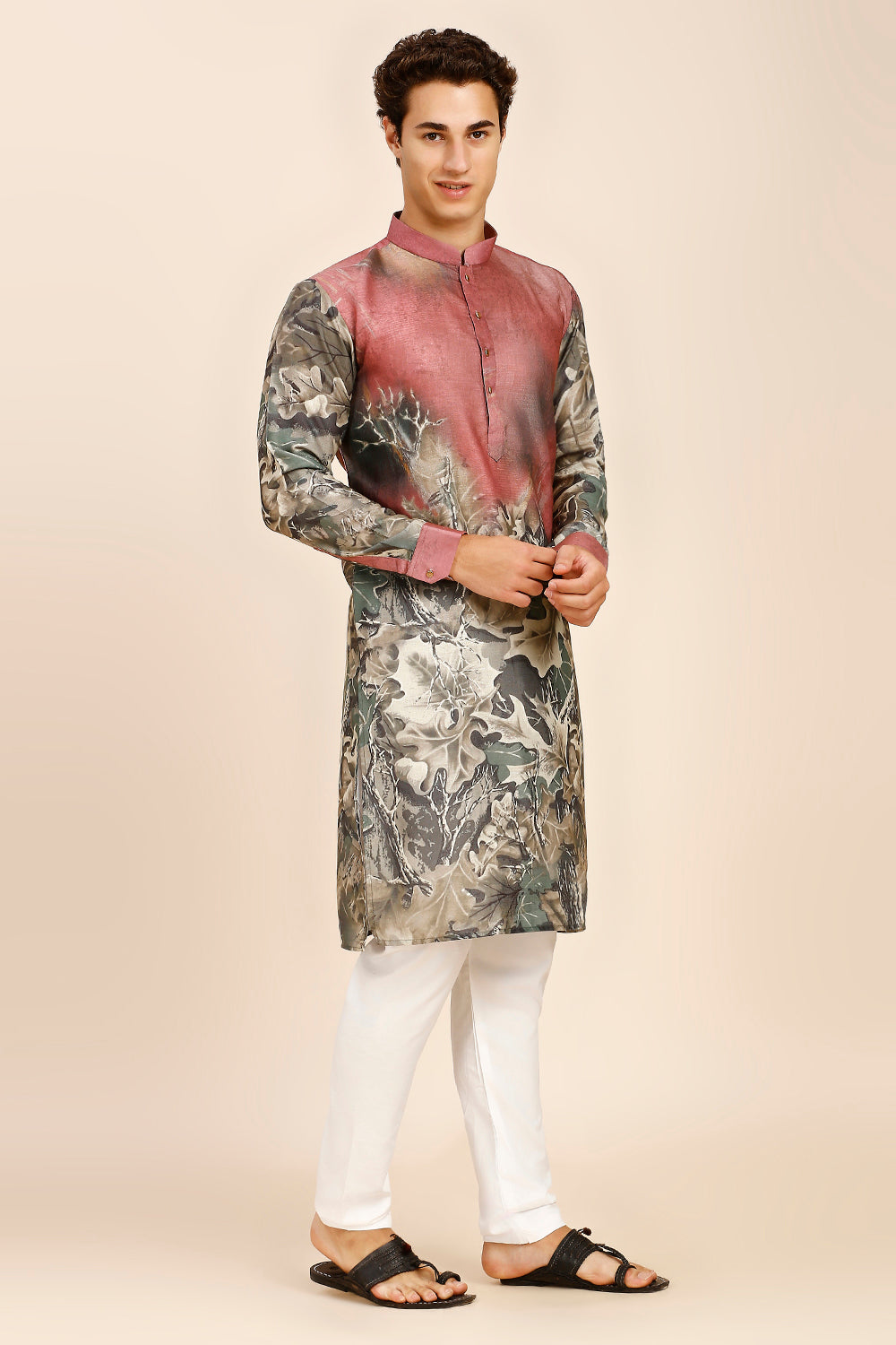 Abstract Print Regular fit Chinese Collar Kurta for Men  - Brown