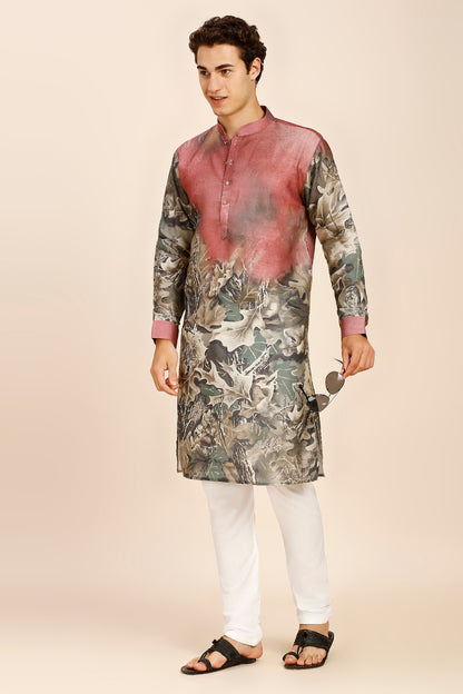 Abstract Print Regular fit Chinese Collar Kurta for Men  - Brown