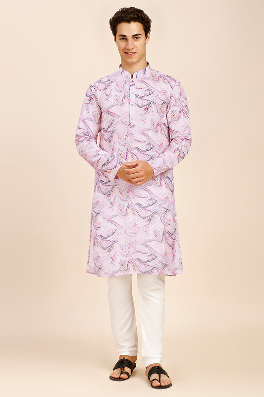 Marble Print Regular fit Chinese collar Kurta with Full Lining for Men - Lavender