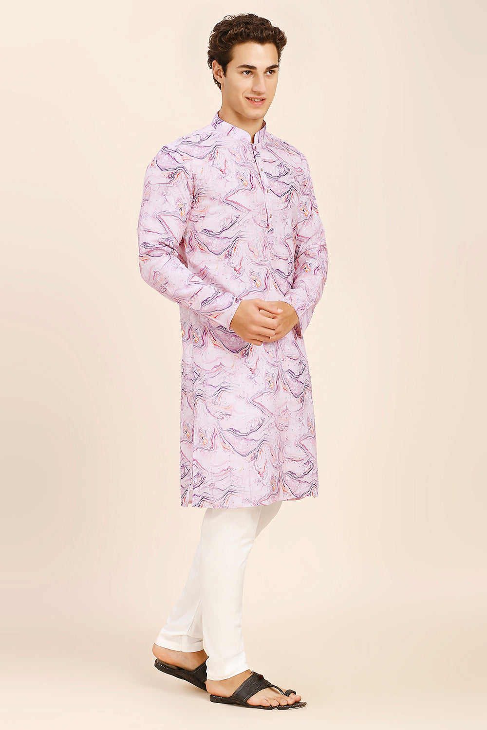 Marble Print Regular fit Chinese collar Kurta with Full Lining for Men - Lavender