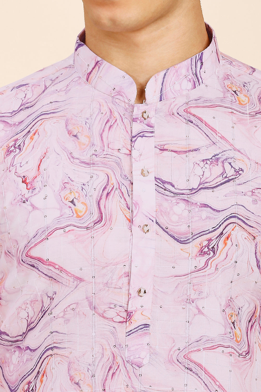 Marble Print Regular fit Chinese collar Kurta with Full Lining for Men - Lavender