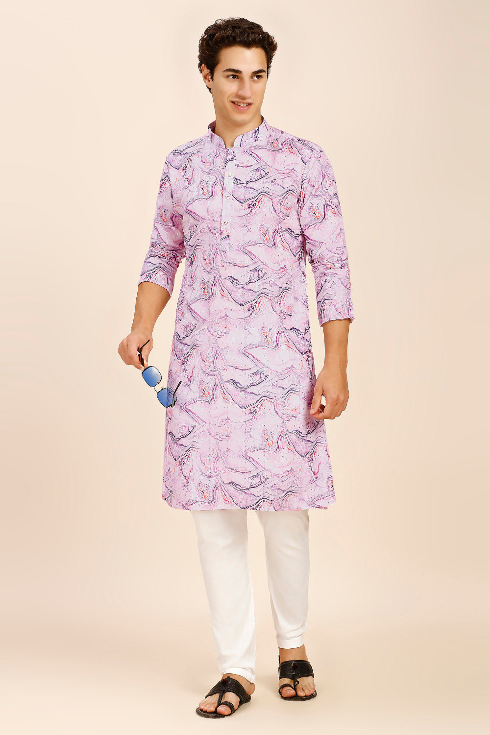 Marble Print Regular fit Chinese collar Kurta with Full Lining for Men - Lavender