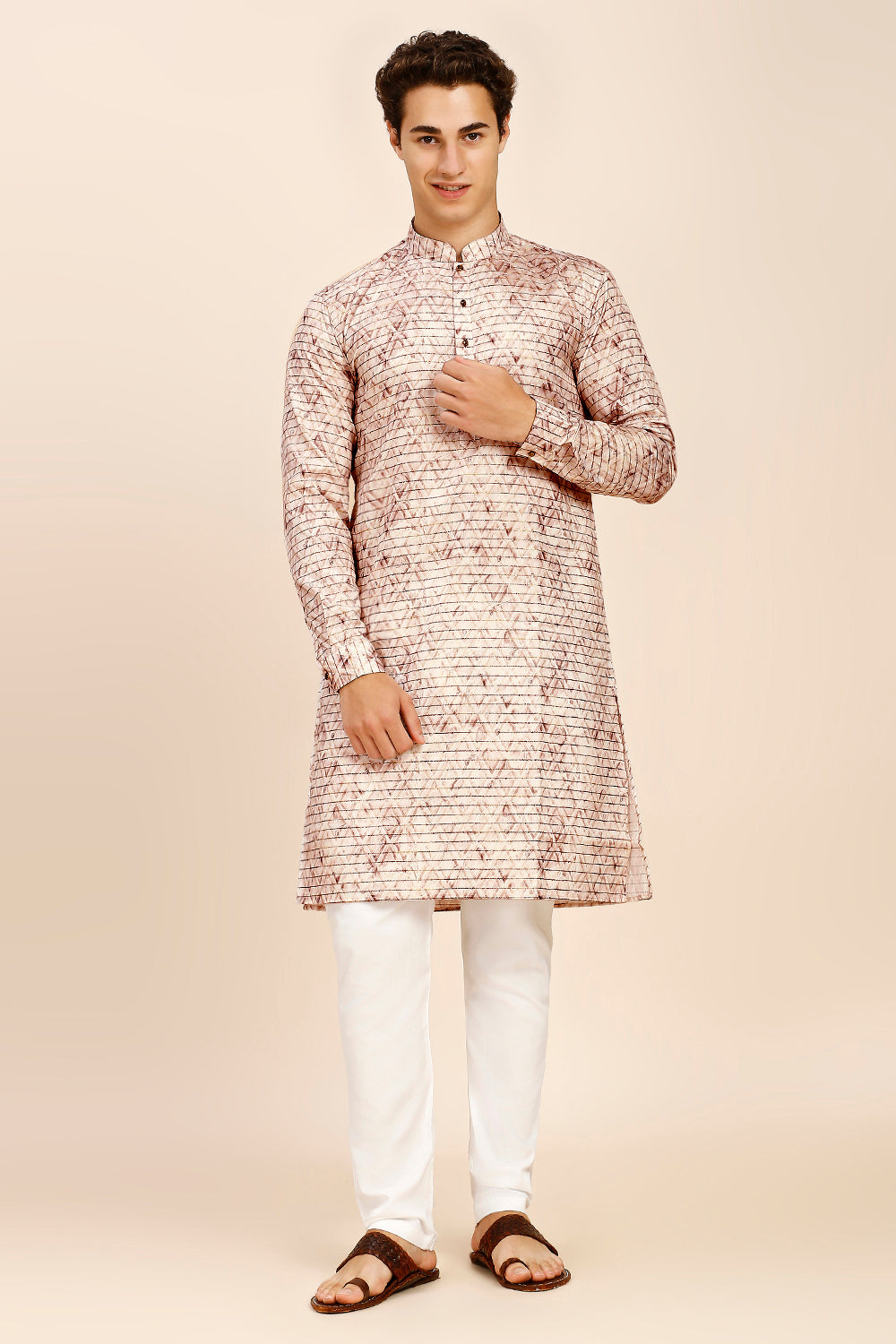 Printed Regular fit Chinese collar Kurta for Men - Light Brown