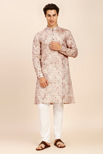 Printed Regular fit Chinese collar Kurta for Men - Light Brown