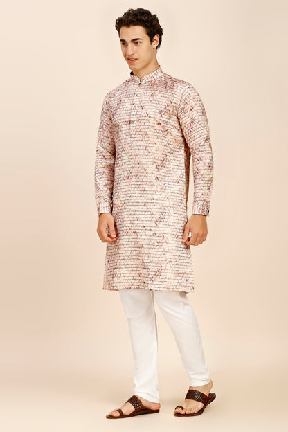 Printed Regular fit Chinese collar Kurta for Men - Light Brown