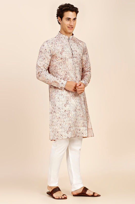 Printed Regular fit Chinese collar Kurta for Men - Light Brown