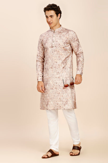 Printed Regular fit Chinese collar Kurta for Men - Light Brown