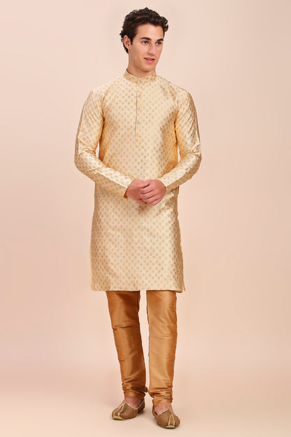 Plain With Golden Butti Regular fit Chinese collar Kurta for Men - Beige