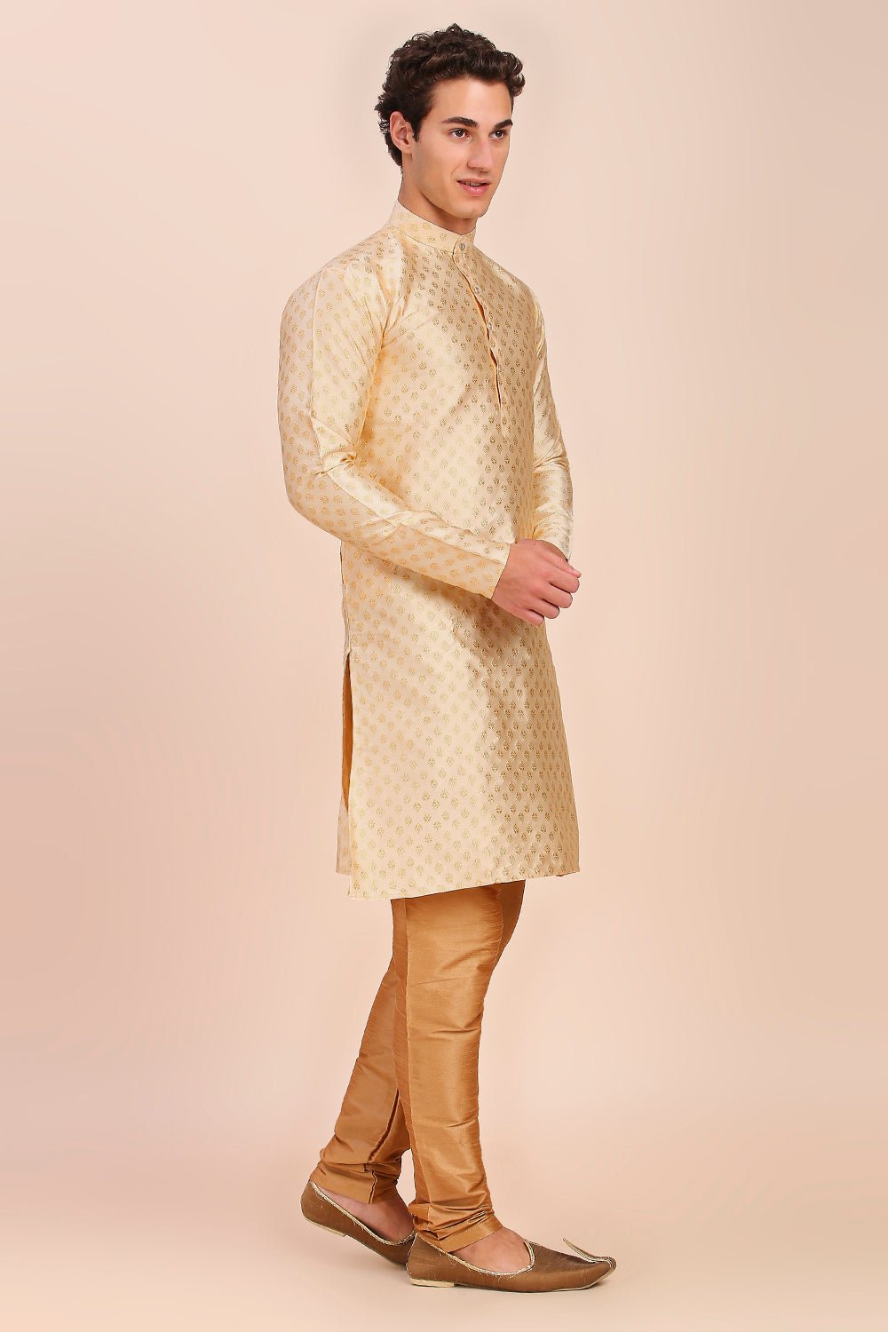 Plain With Golden Butti Regular fit Chinese collar Kurta for Men - Beige