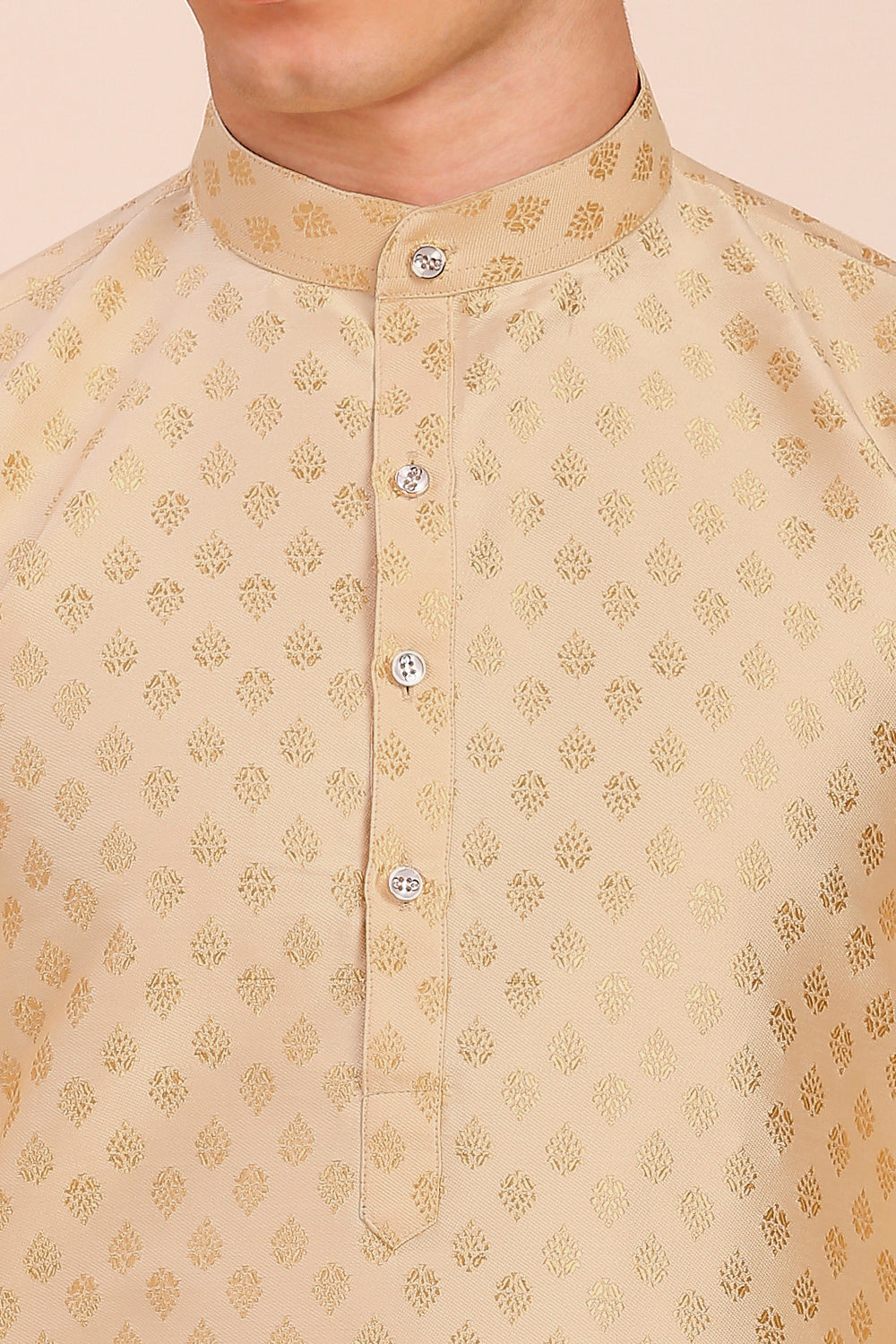 Plain With Golden Butti Regular fit Chinese collar Kurta for Men - Beige