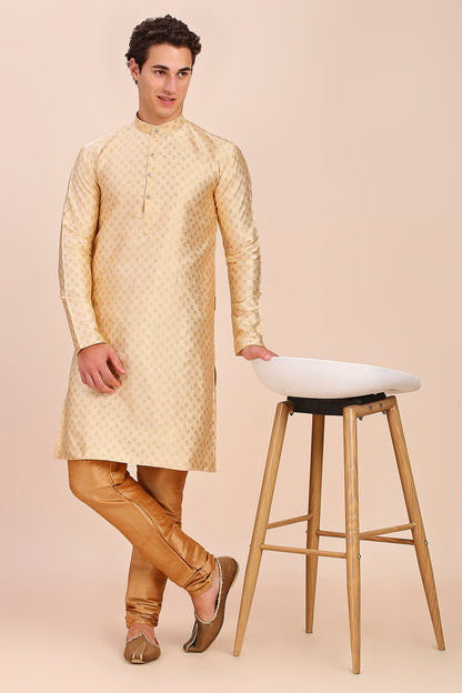 Plain With Golden Butti Regular fit Chinese collar Kurta for Men - Beige