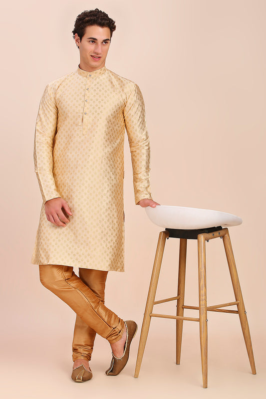 Plain With Golden Butti Regular fit Chinese collar Kurta for Men - Beige