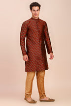 Plain With Golden Butti Regular fit Chinese collar Kurta for Men - Maroon