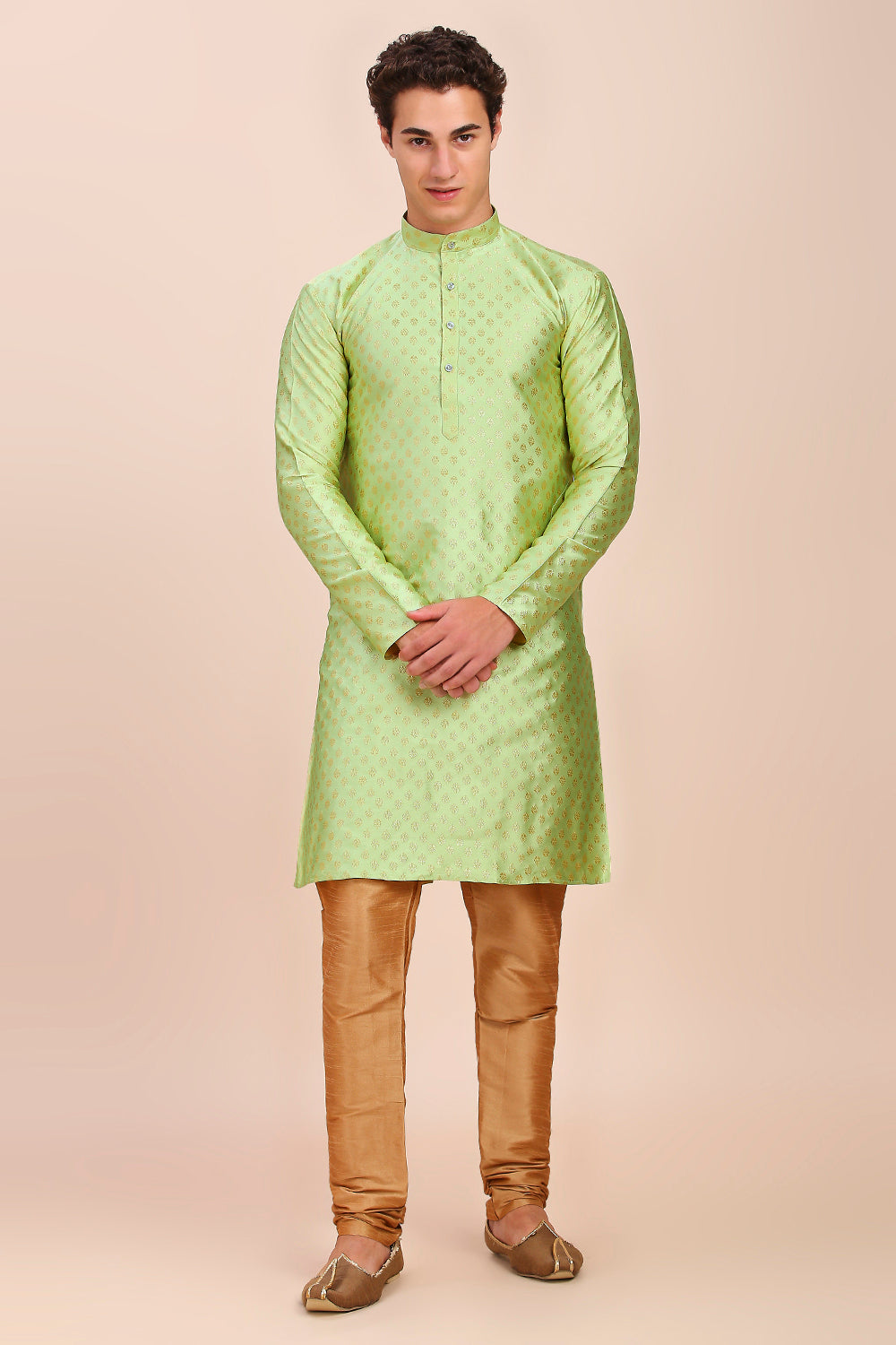 Plain With Golden Butti Regular fit Chinese collar Kurta for Men - Light Green