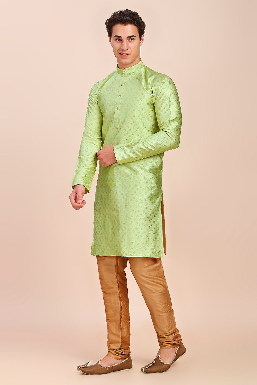 Plain With Golden Butti Regular fit Chinese collar Kurta for Men - Light Green