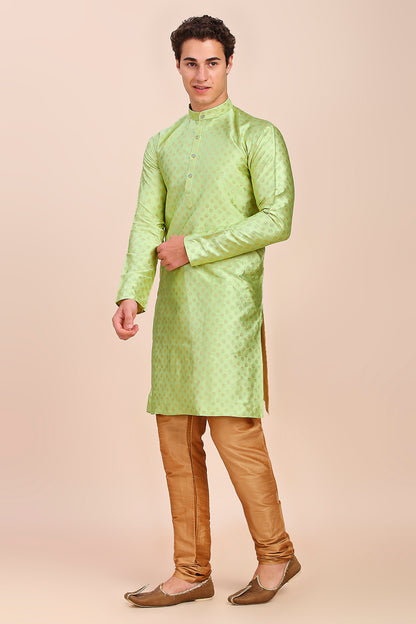 Plain With Golden Butti Regular fit Chinese collar Kurta for Men - Light Green