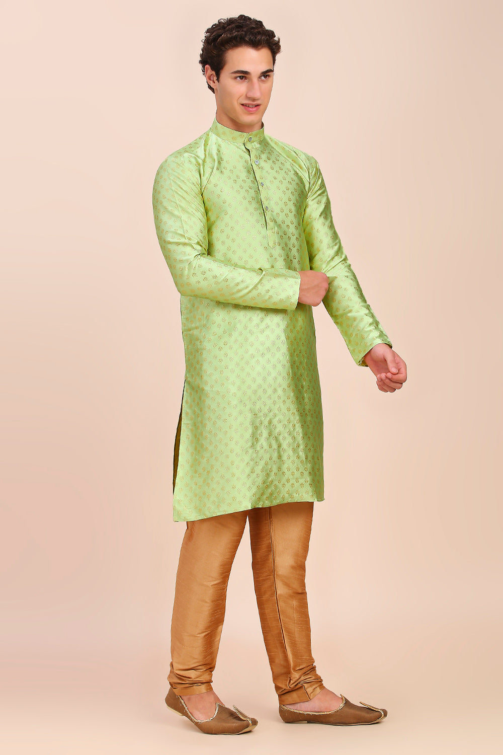 Plain With Golden Butti Regular fit Chinese collar Kurta for Men - Light Green