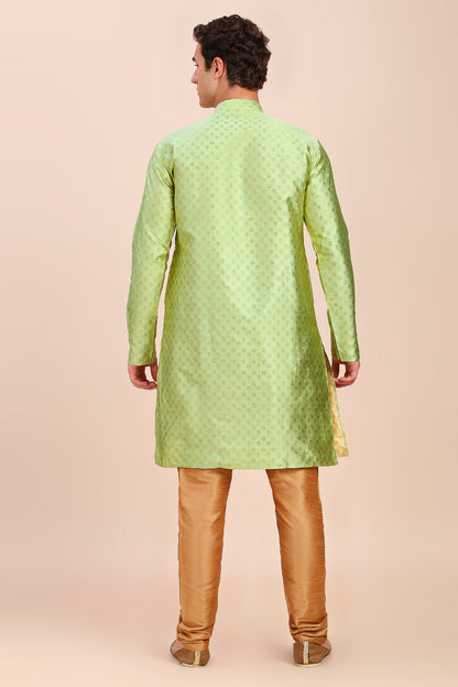 Plain With Golden Butti Regular fit Chinese collar Kurta for Men - Light Green