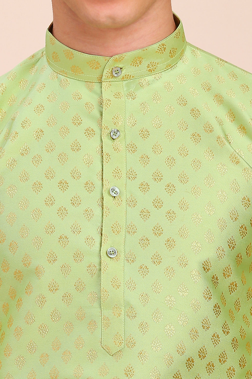 Plain With Golden Butti Regular fit Chinese collar Kurta for Men - Light Green