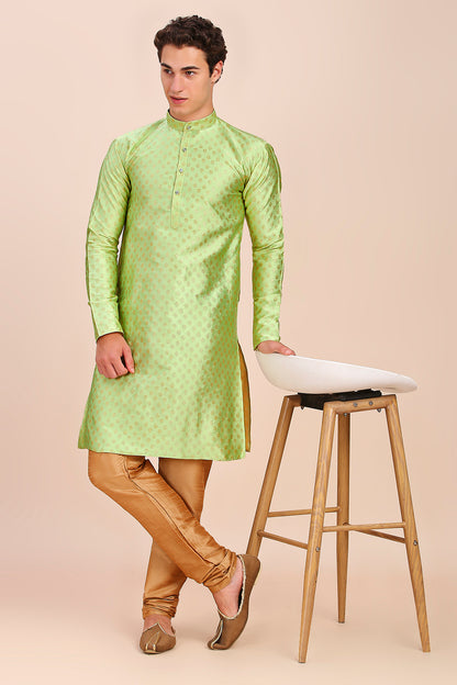 Plain With Golden Butti Regular fit Chinese collar Kurta for Men - Light Green