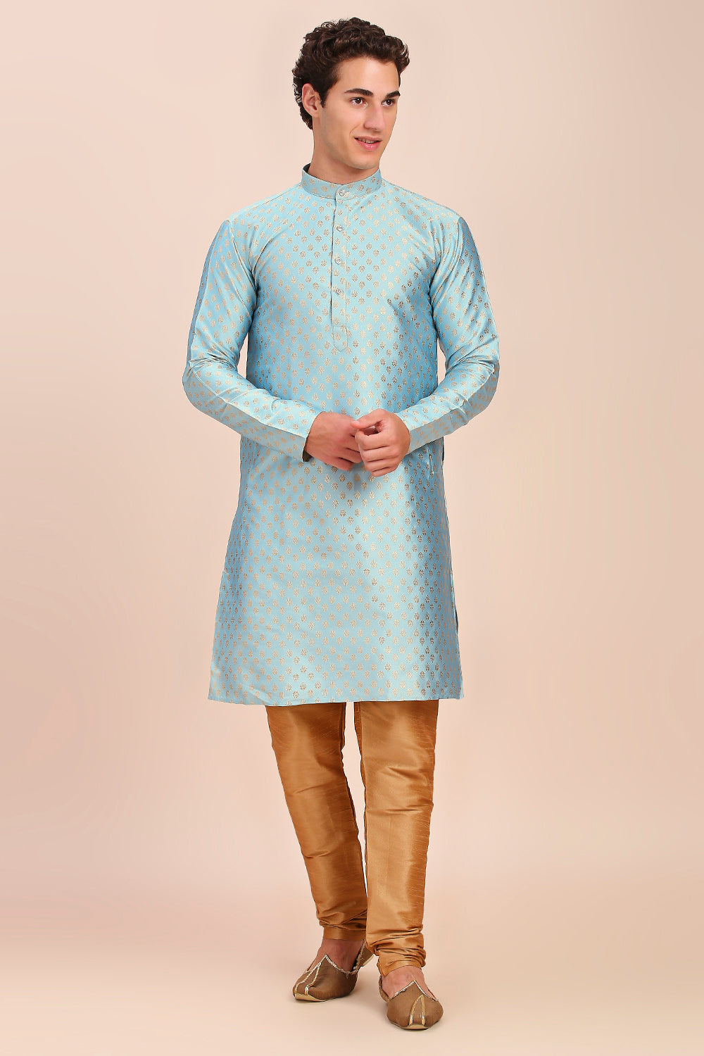 Plain With Golden Butti Regular fit Chinese collar Kurta for Men - SKY Blue