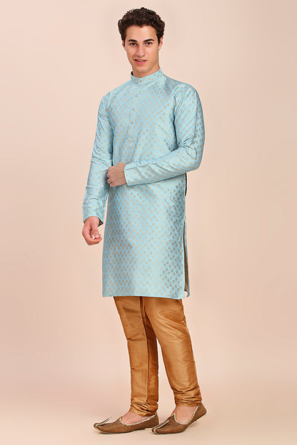 Plain With Golden Butti Regular fit Chinese collar Kurta for Men - SKY Blue