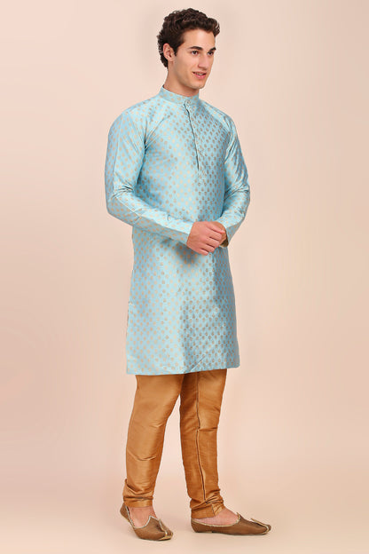 Plain With Golden Butti Regular fit Chinese collar Kurta for Men - SKY Blue