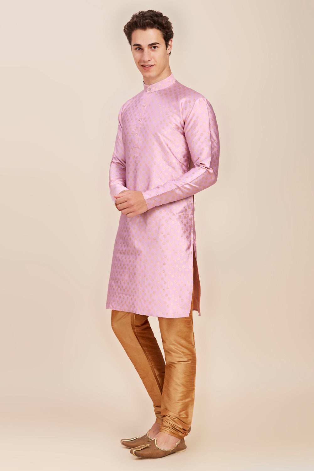 Plain With Golden Butti Regular fit Chinese collar Kurta for Men - Lavender