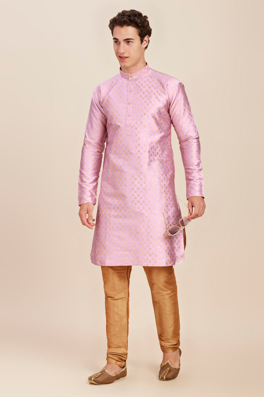 Plain With Golden Butti Regular fit Chinese collar Kurta for Men - Lavender