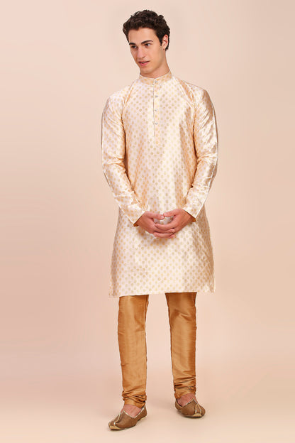 Plain With Golden Butti Regular fit Chinese collar Kurta for Men - Cream