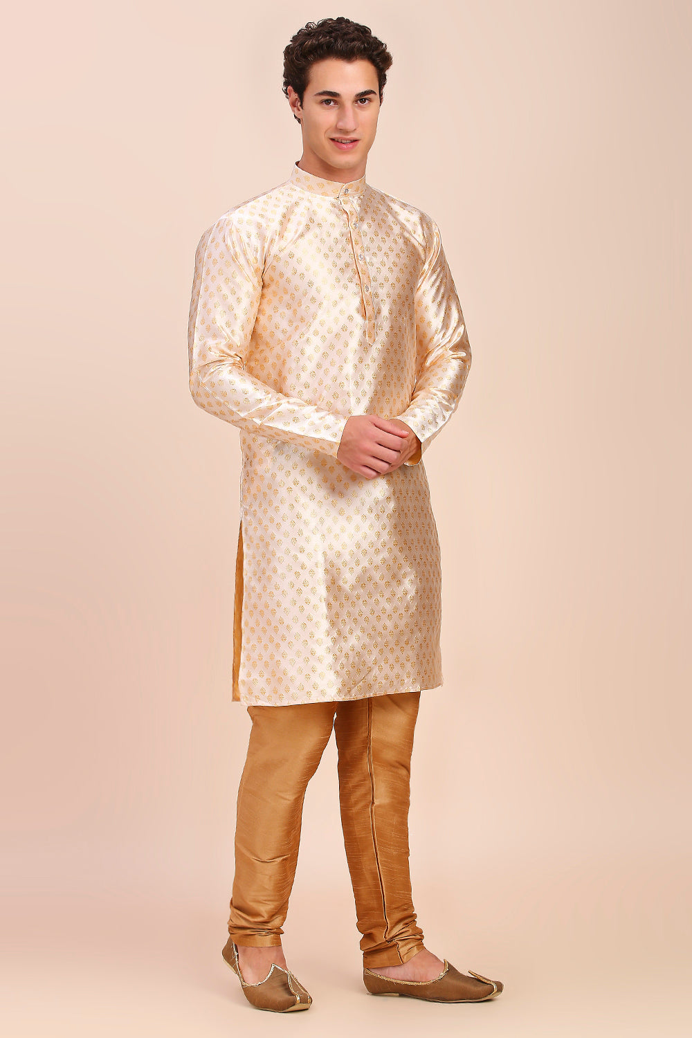 Plain With Golden Butti Regular fit Chinese collar Kurta for Men - Cream