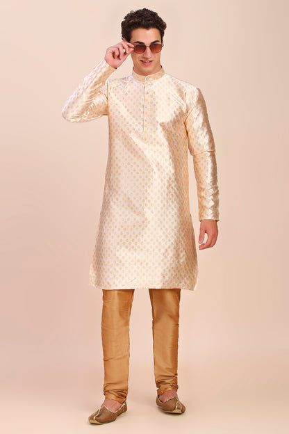 Plain With Golden Butti Regular fit Chinese collar Kurta for Men - Cream