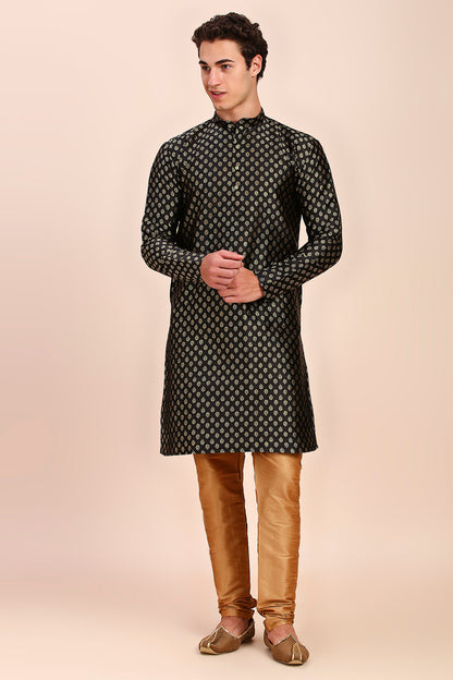 Plain With Golden Butti Regular fit Chinese collar Kurta for Men - Black