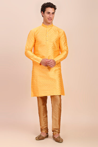 Plain With Golden Butti Regular fit Chinese collar Kurta for Men - HaldiYellow