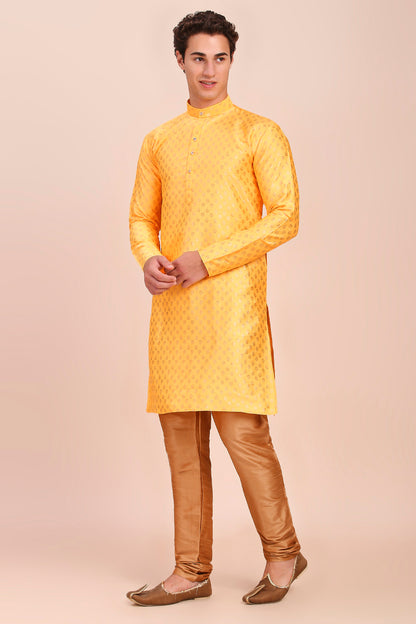 Plain With Golden Butti Regular fit Chinese collar Kurta for Men - HaldiYellow