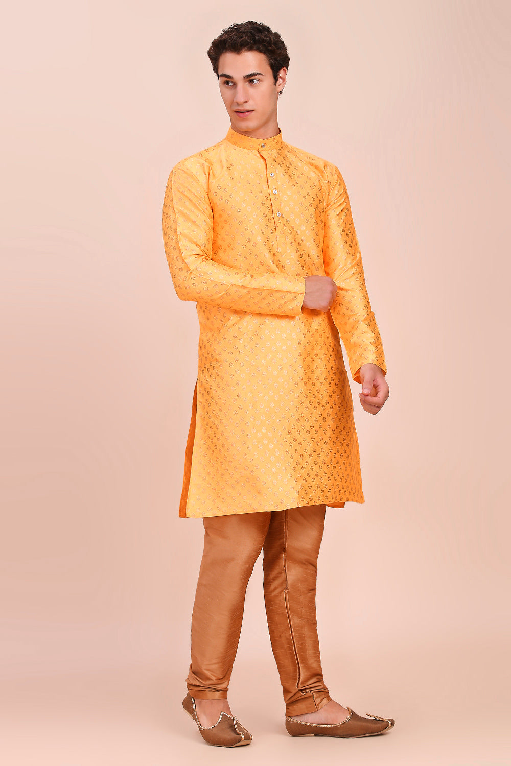 Plain With Golden Butti Regular fit Chinese collar Kurta for Men - HaldiYellow