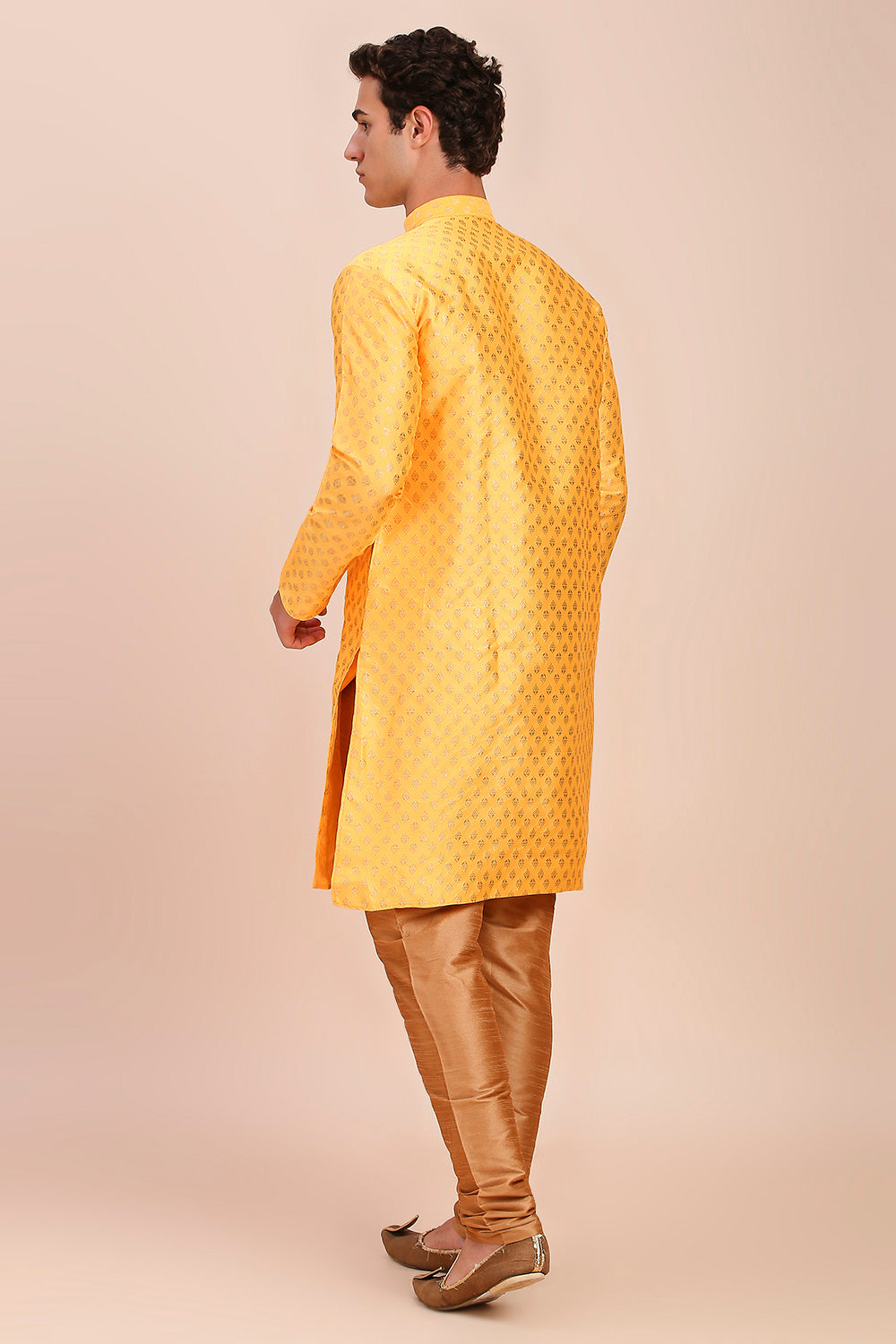 Plain With Golden Butti Regular fit Chinese collar Kurta for Men - HaldiYellow