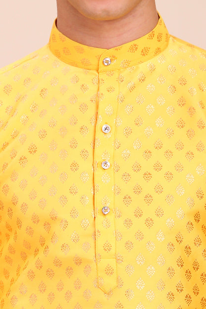 Plain With Golden Butti Regular fit Chinese collar Kurta for Men - HaldiYellow