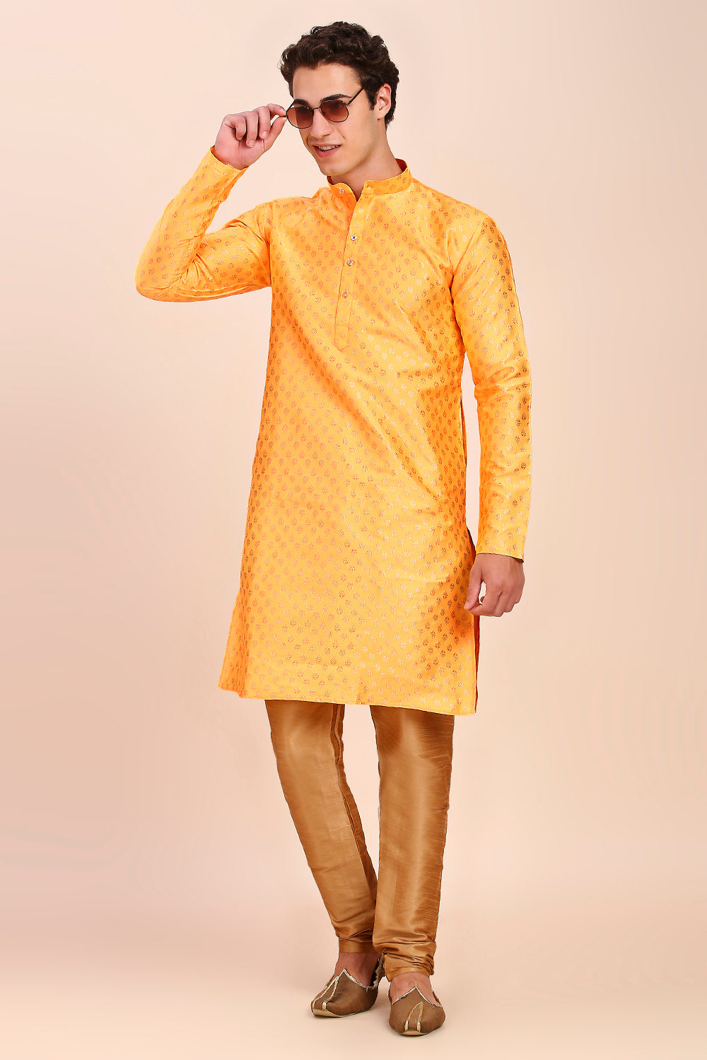 Plain With Golden Butti Regular fit Chinese collar Kurta for Men - HaldiYellow