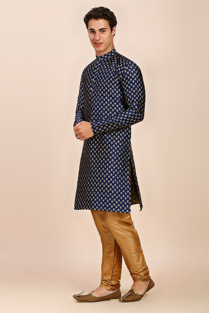 Plain With Golden Butti Regular fit Chinese collar Kurta for Men - Navy Blue