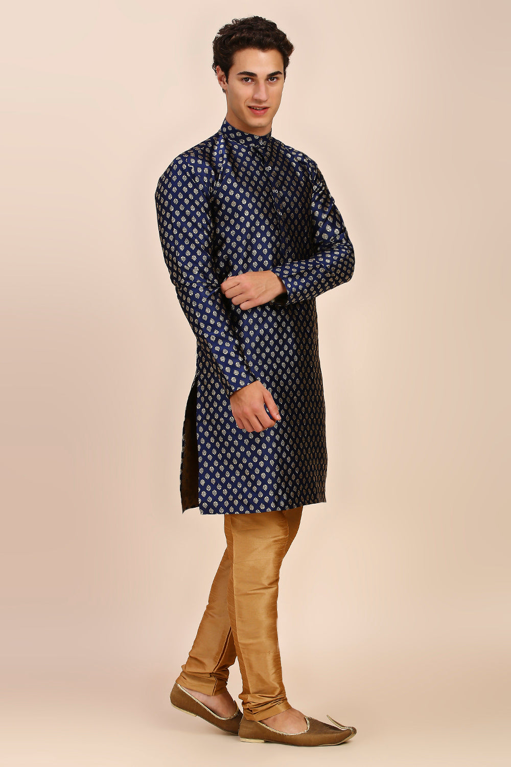 Plain With Golden Butti Regular fit Chinese collar Kurta for Men - Navy Blue